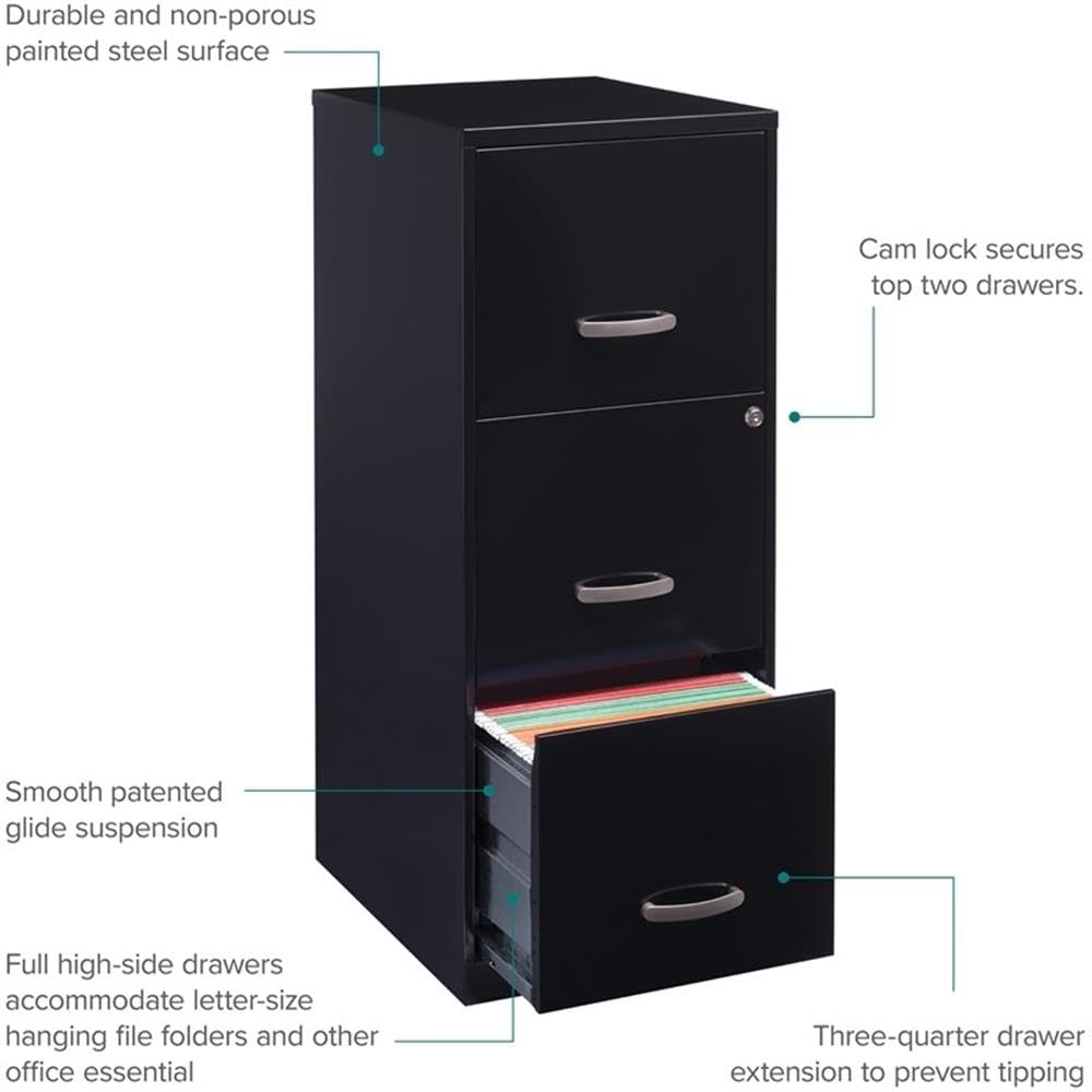 3 Drawer Black Metal Filing Cabinet Y77096