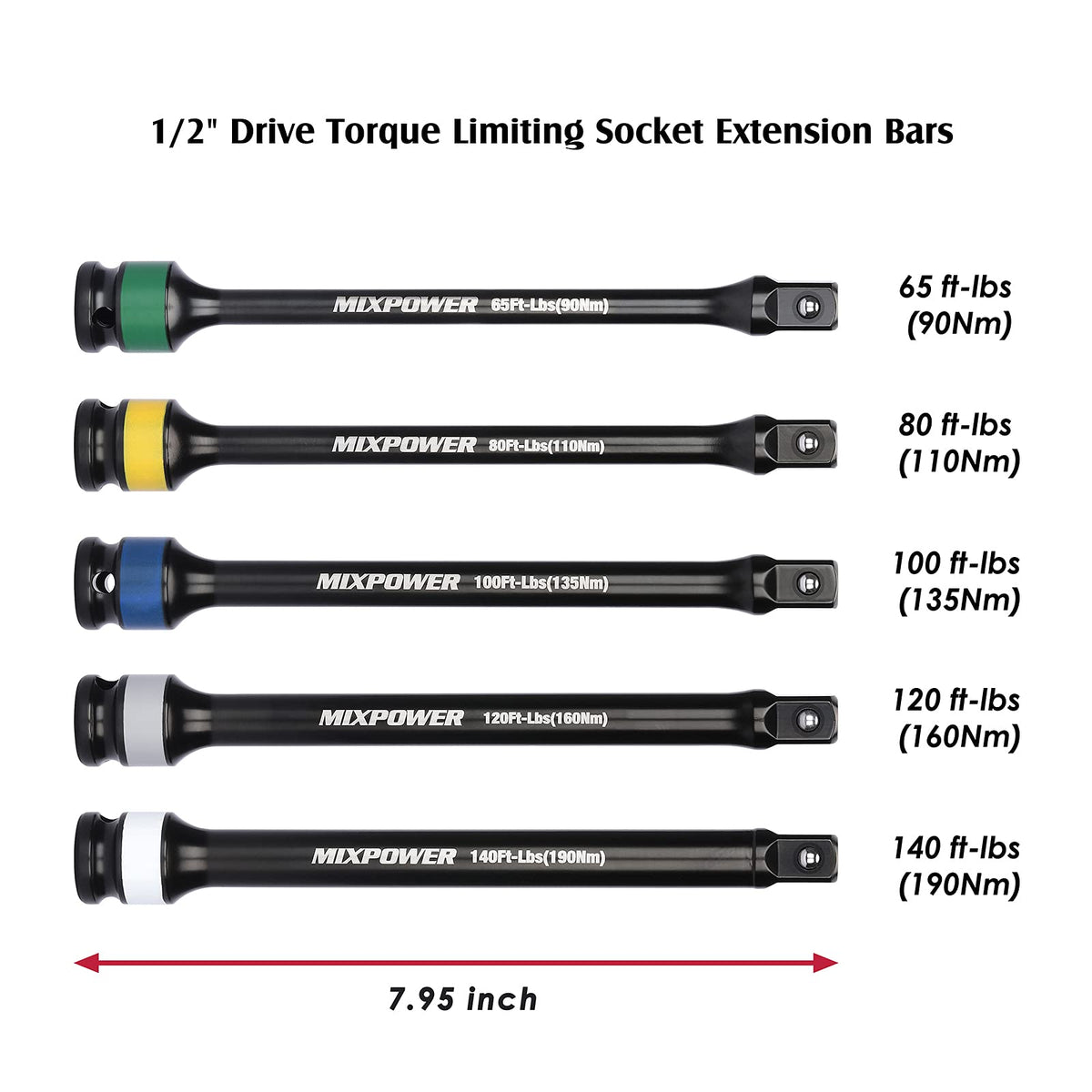 5 Piece 1/2" Drive Torque Limiting Socket Extension Bars S7990