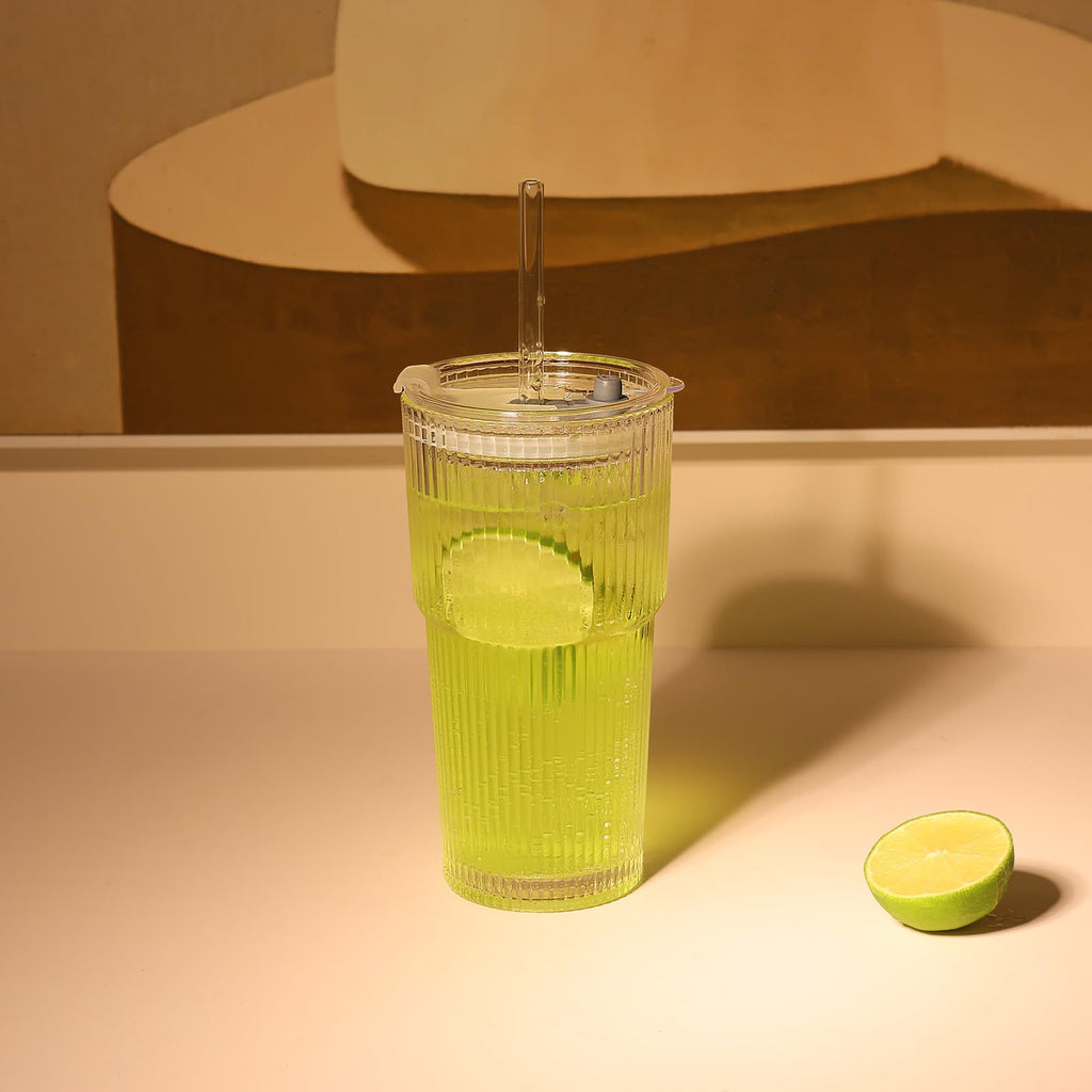 Set of 2 Ribbed Glass Tumbler with Lids and Straws J465