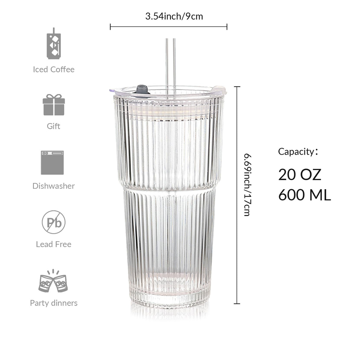 Set of 2 Ribbed Glass Tumbler with Lids and Straws J465