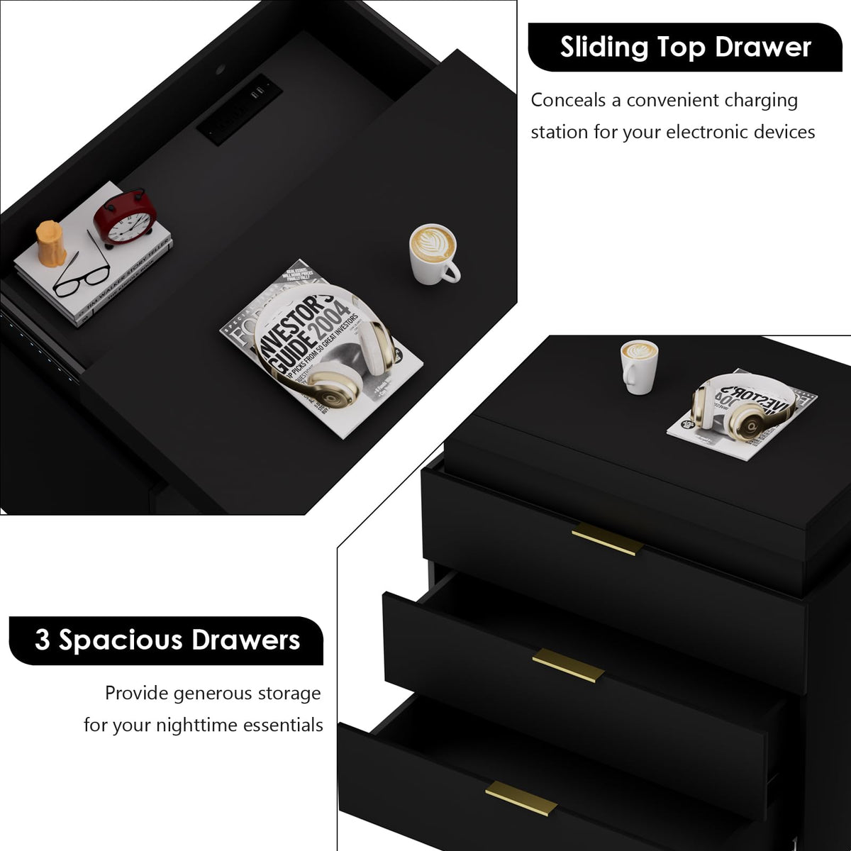 Black Nightstand with Charging Station and LED Lights I6667