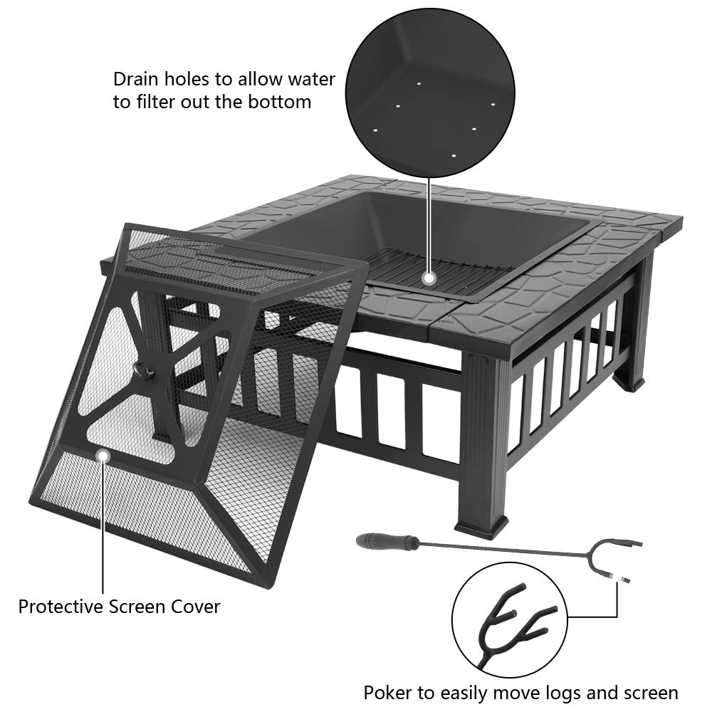 32in Outdoor Metal Wood Burning Fire Pit with Spark Screen A362