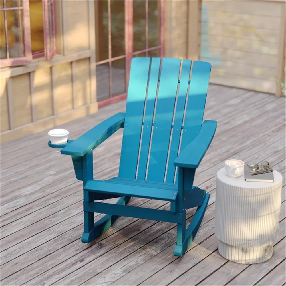 Blue Plastic Adirondack Rocking Chair with Cupholder L5214