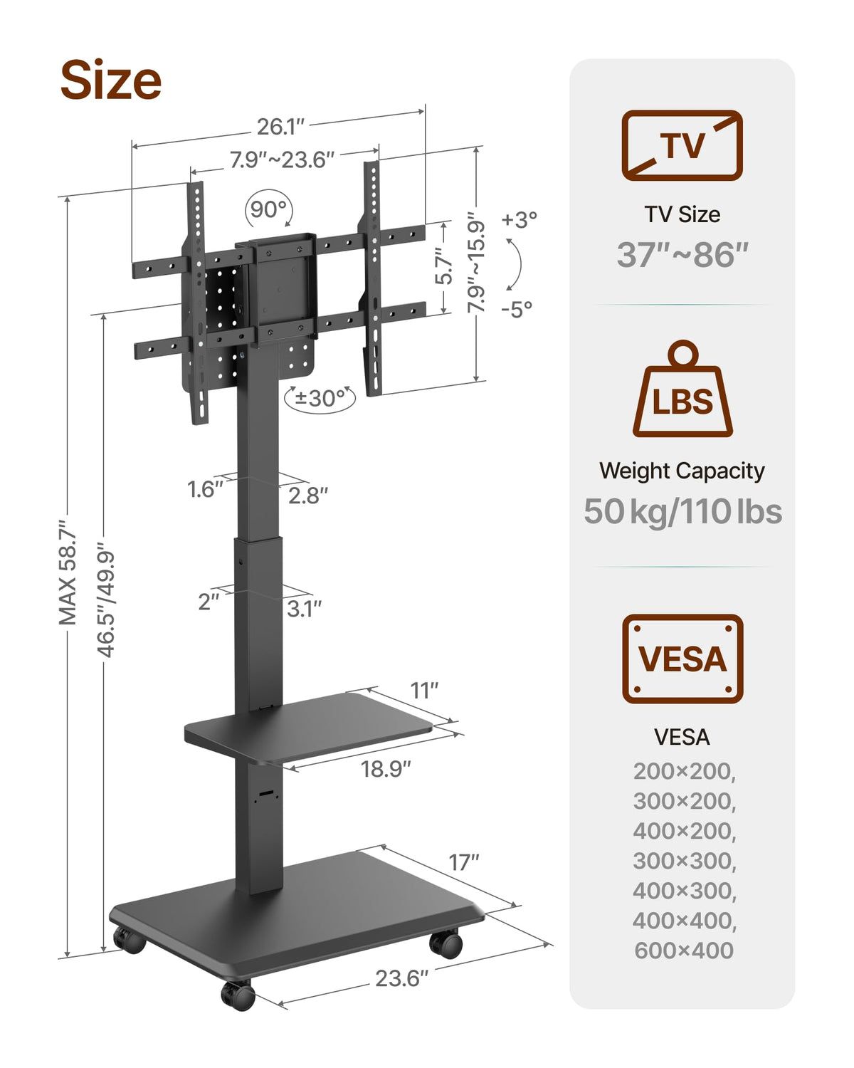 Black Rolling TV Stand for 37-86 Inch TVs W2999