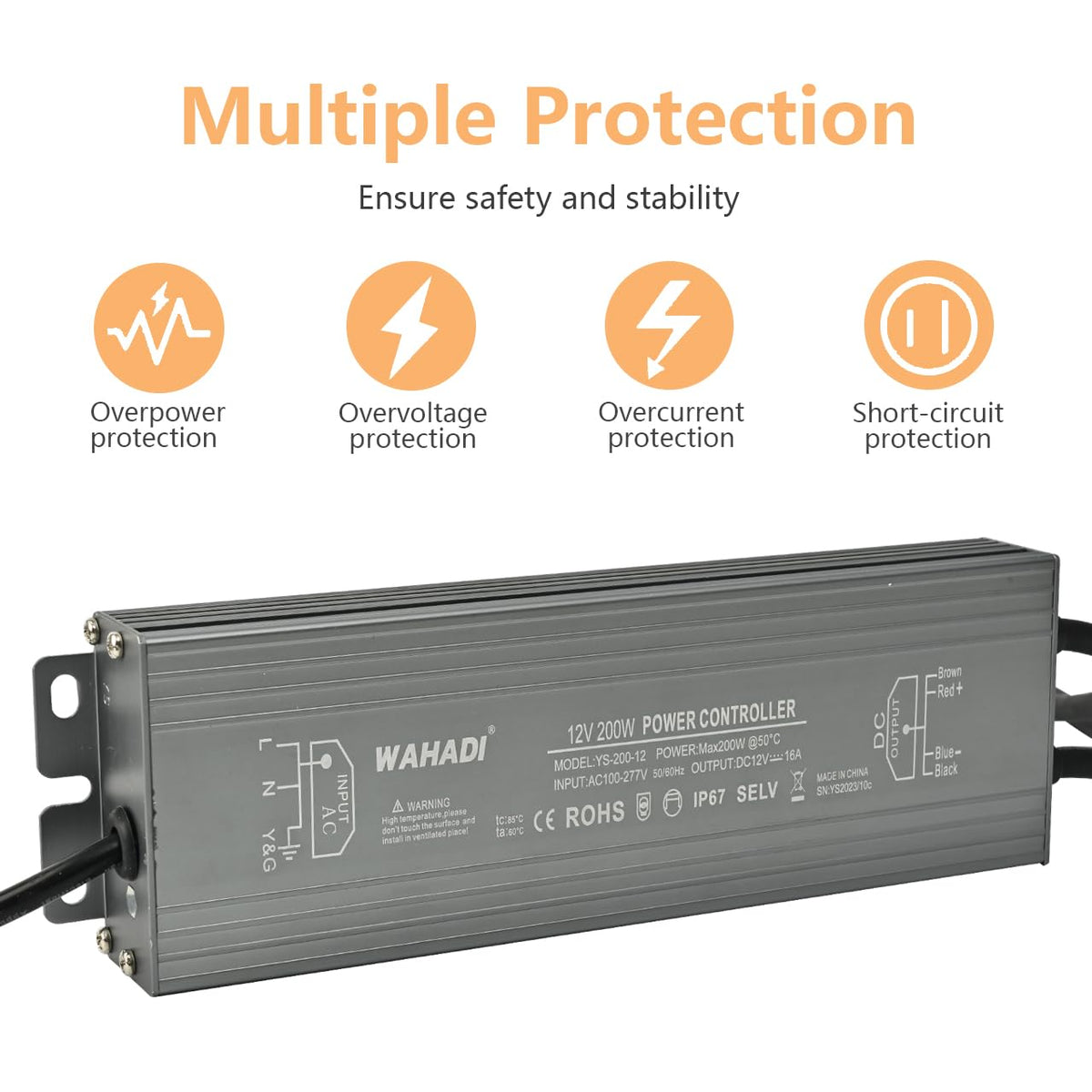 200W Waterproof LED Power Supply 100-277V AC to 12V DC Transformer L16075