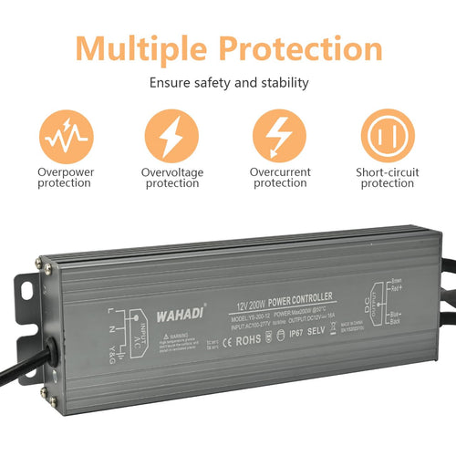 200W Waterproof LED Power Supply 100-277V AC to 12V DC Transformer L16075