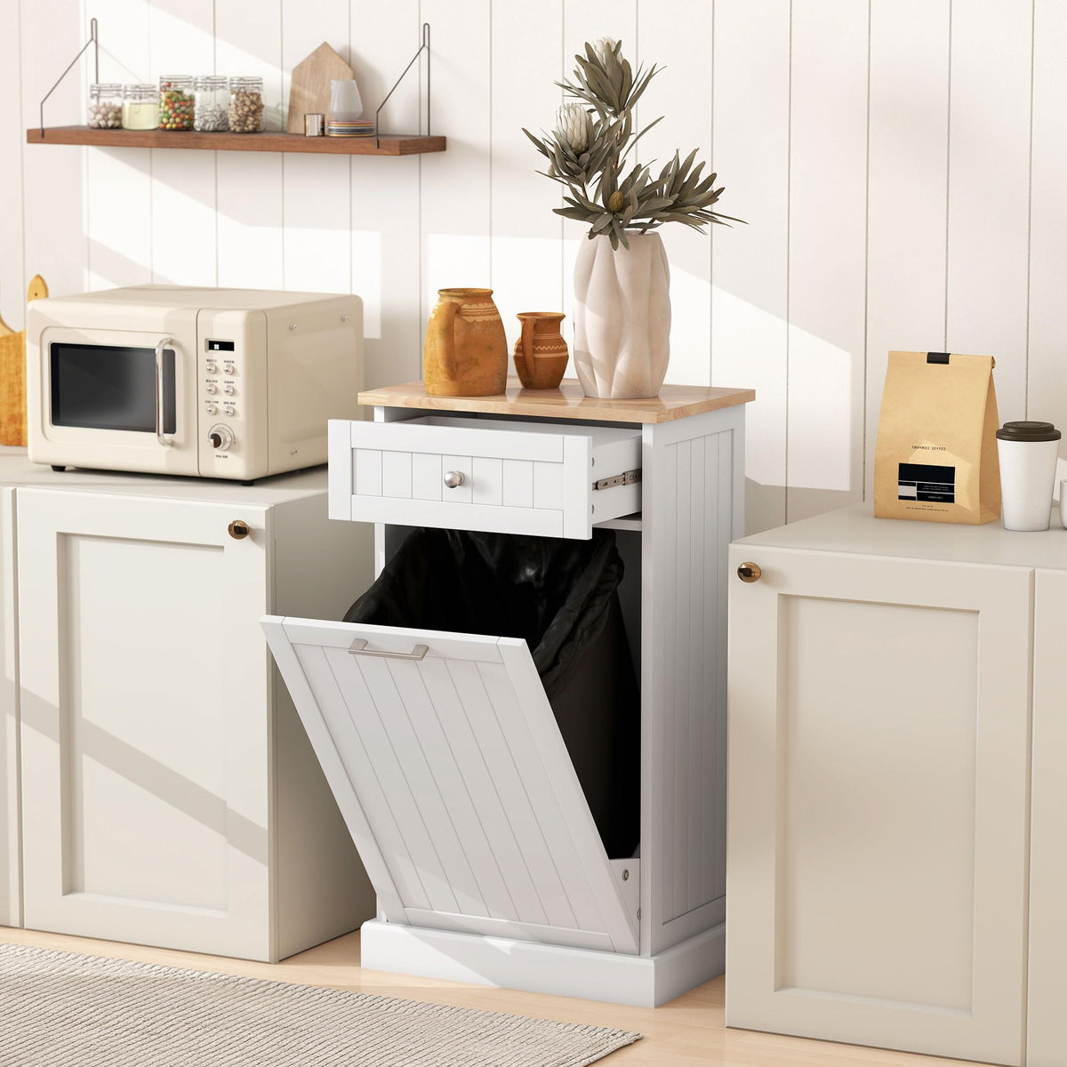 White Wooden 10 Gallon Tilt-Out Trash Cabinet with Drawer Z423307