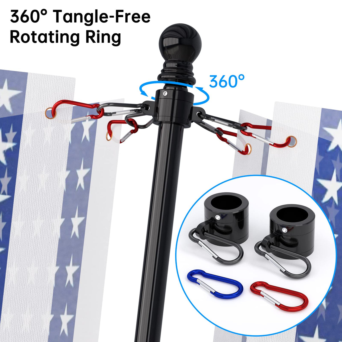 2 Pack 6FT Black Stainless Steel Flag Pole Kit with Solar Light Z466285
