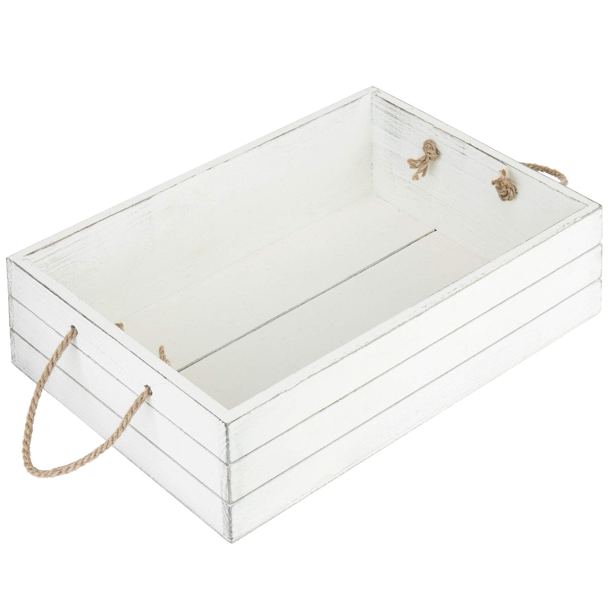 Vintage White Wood Storage Crate with Rope Handles W2733