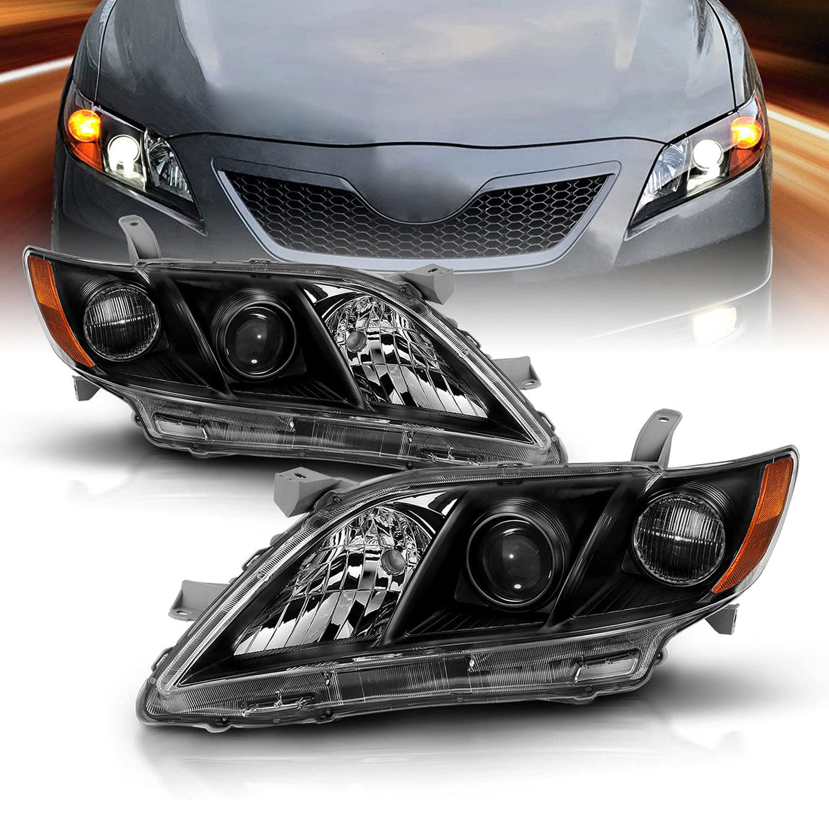 2007-2009 Toyota Camry Black Projector Headlight Assembly Pair Q6919