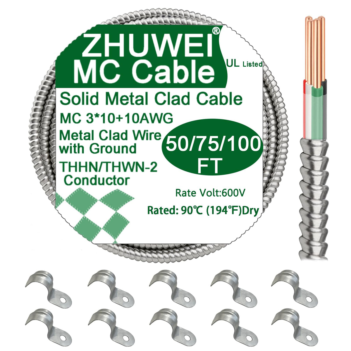 10 AWG Metal Clad Cable with Ground 50FT J238442