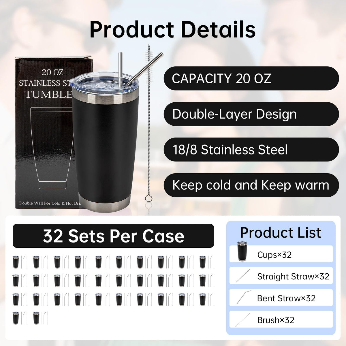 32 Pack 20oz Stainless Steel Insulated Tumblers with Lid & Straw Z644