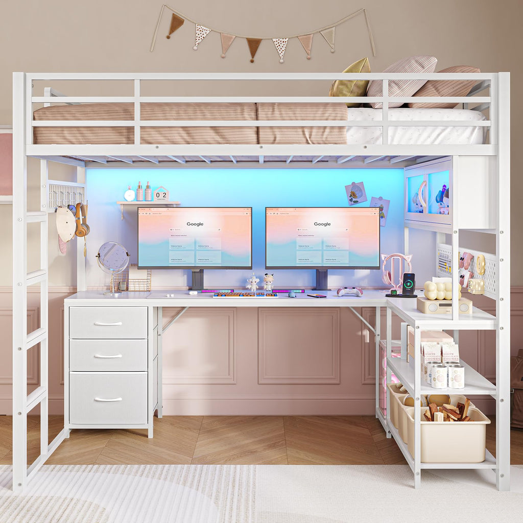 White Twin Gaming Loft Bed with Desk A935638