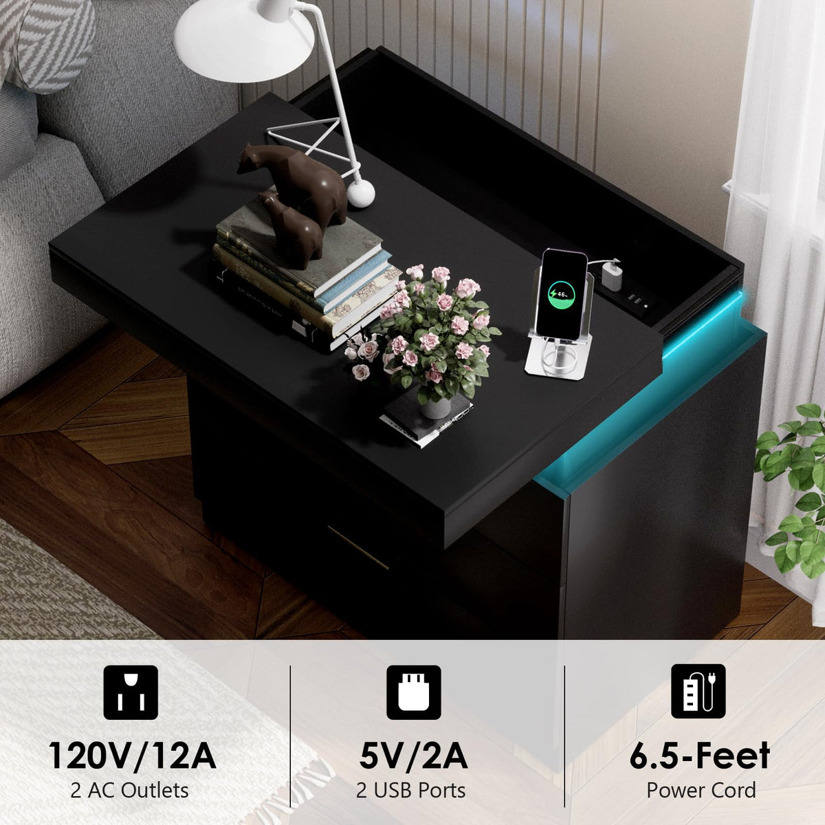 Black Nightstand with Charging Station and LED Lights I6667