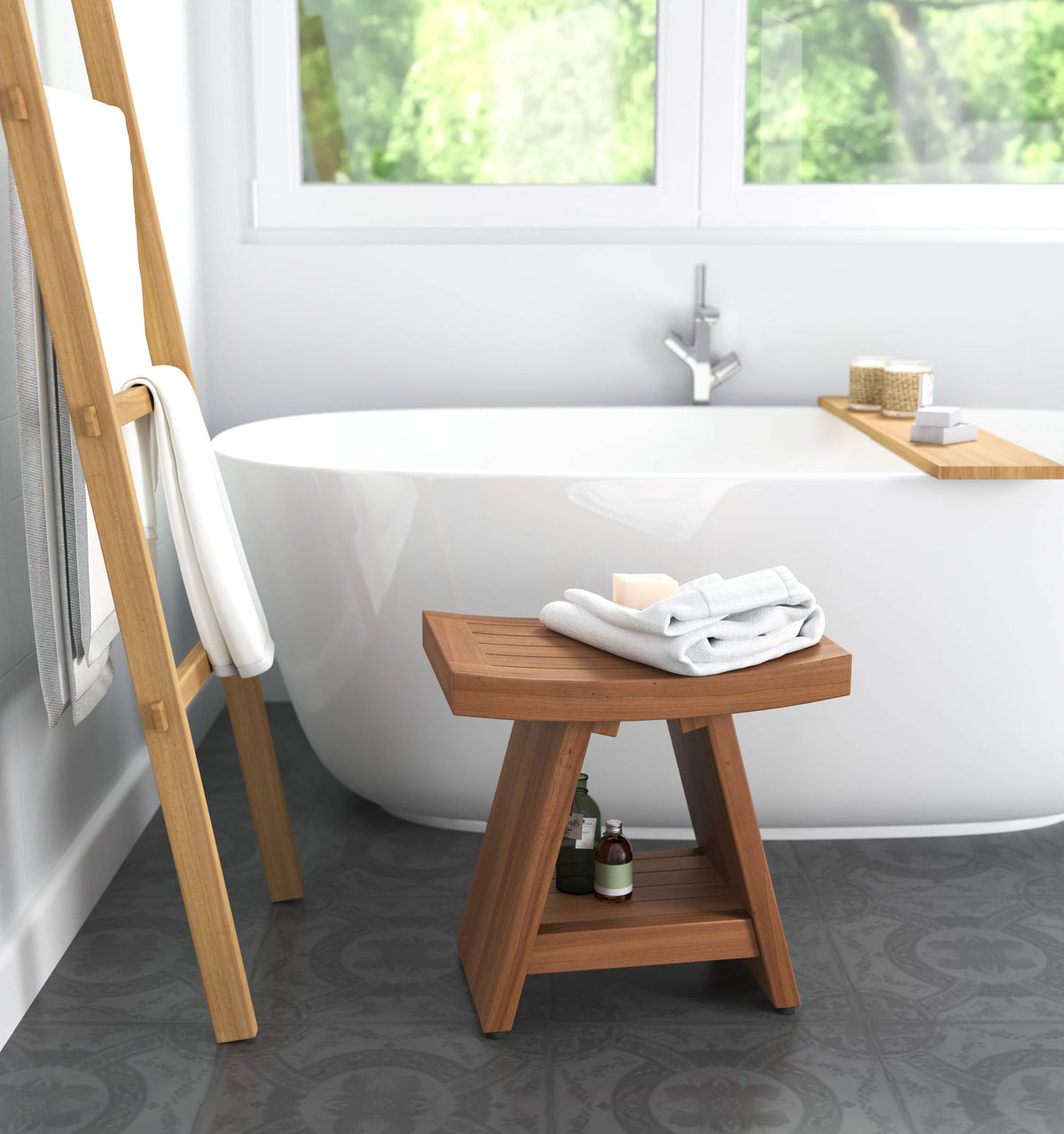 18" Teak Shower Bench with Shelf I649
