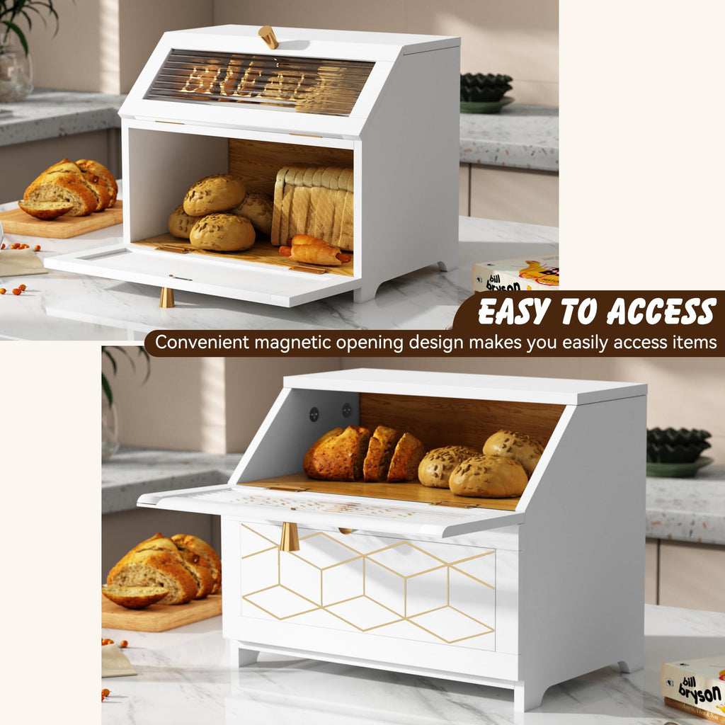 Double Layer Wooden Bread Box with Golden Trim X7668