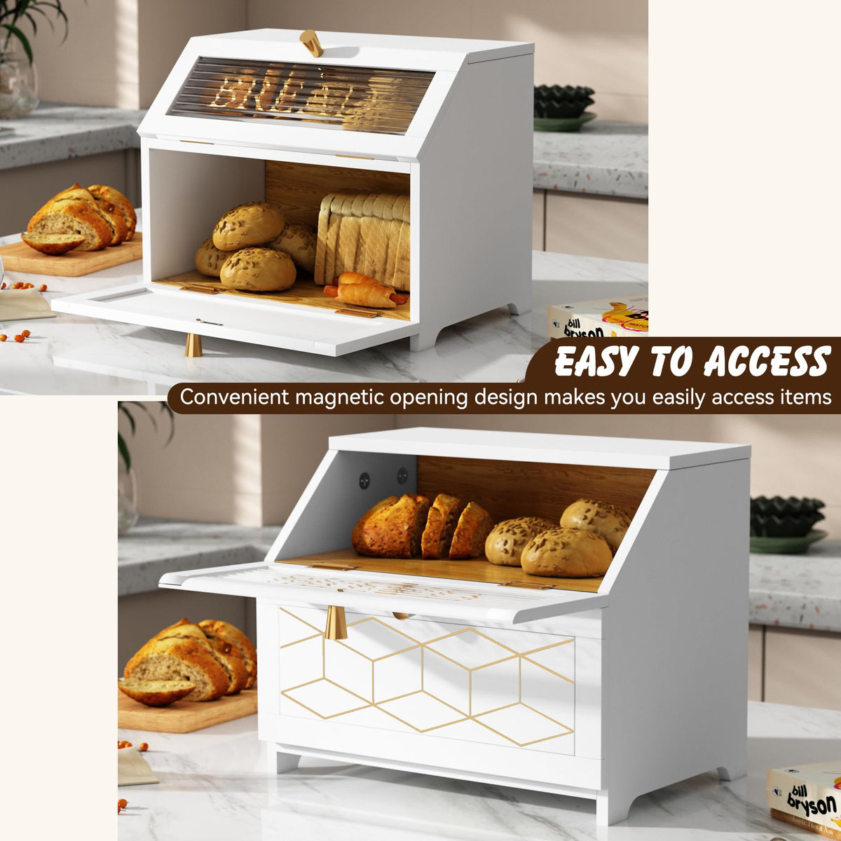 Double Layer Wooden Bread Box with Golden Trim X7668