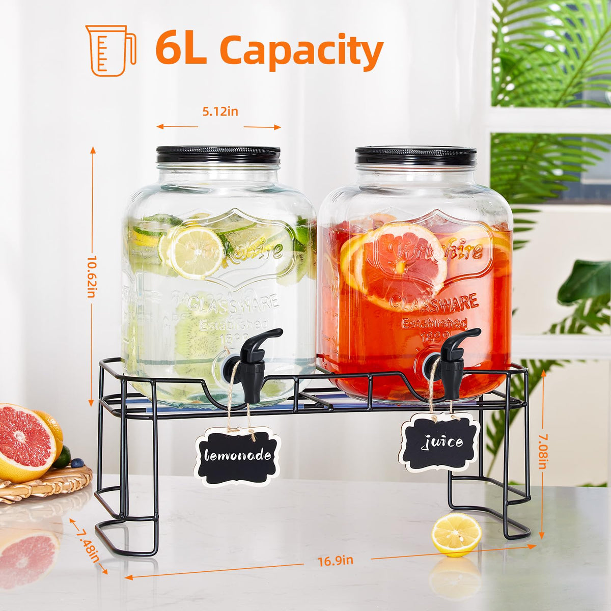 2pcs 1.5 Gallon Glass Drink Dispenser with Metal Stand Z622792