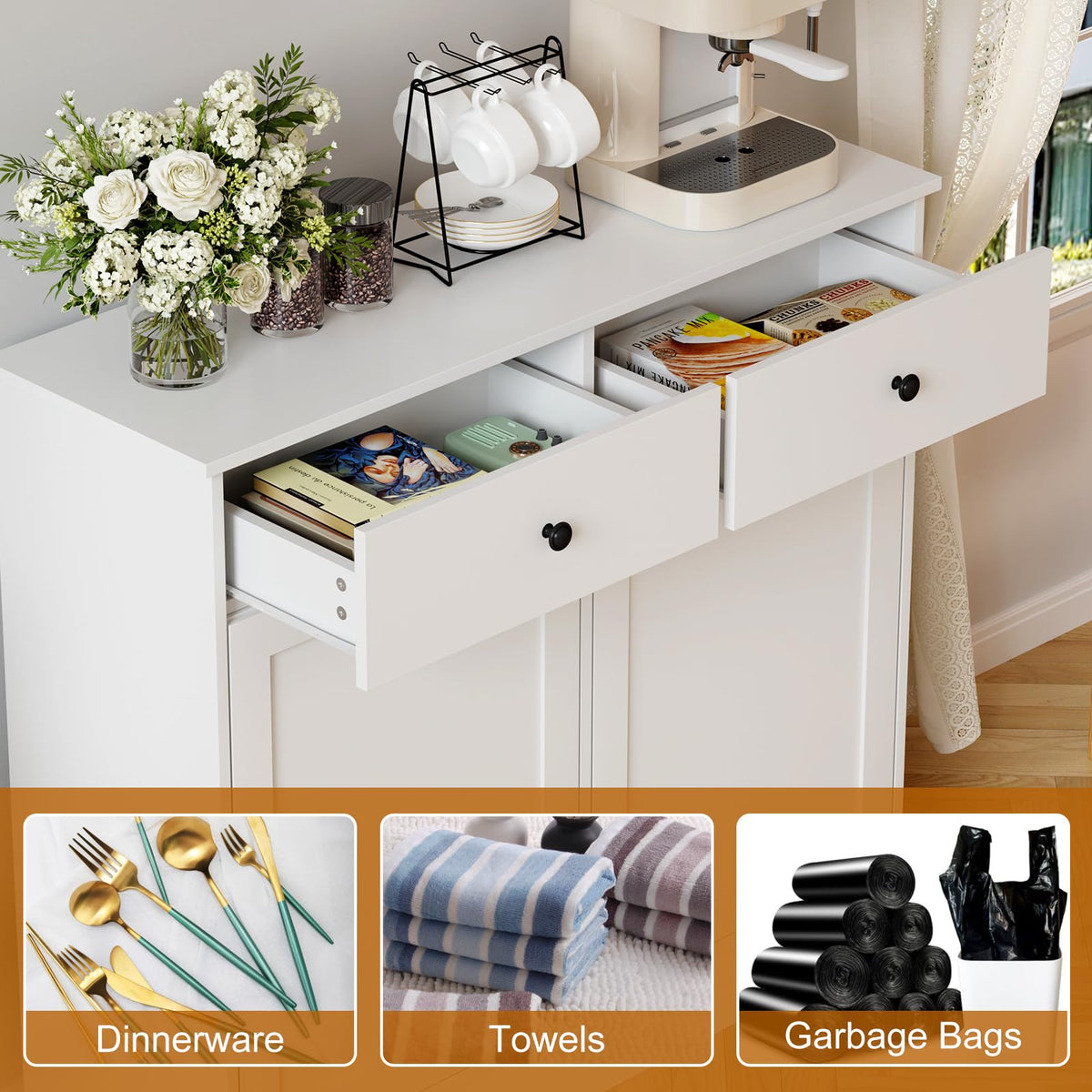 White 20 Gallons Wooden Tilt Out Trash Can Cabinet with 2 Drawers G876