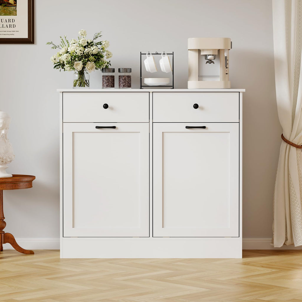 White 20 Gallons Wooden Tilt Out Trash Can Cabinet with 2 Drawers G876