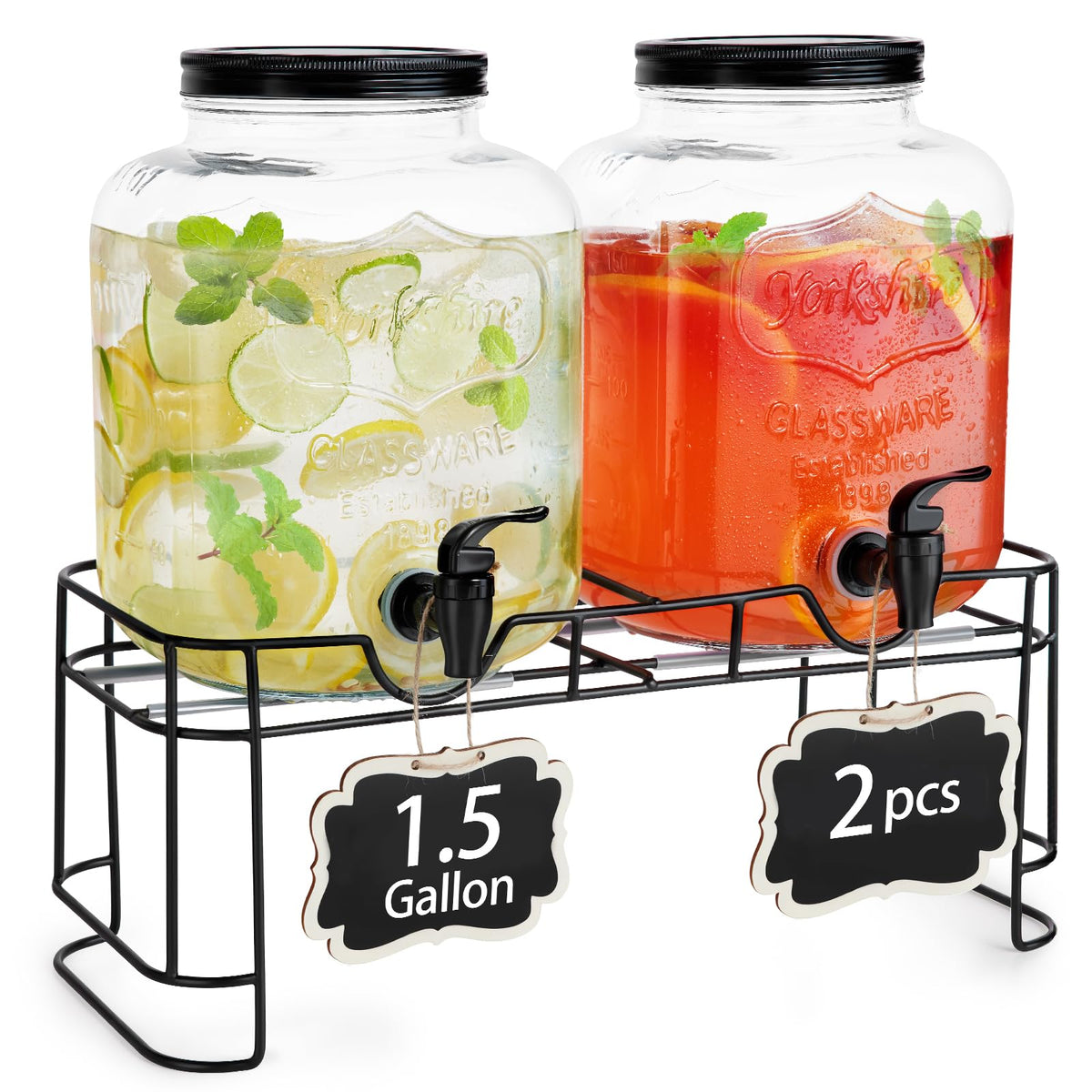 2pcs 1.5 Gallon Glass Drink Dispenser with Metal Stand Z622792