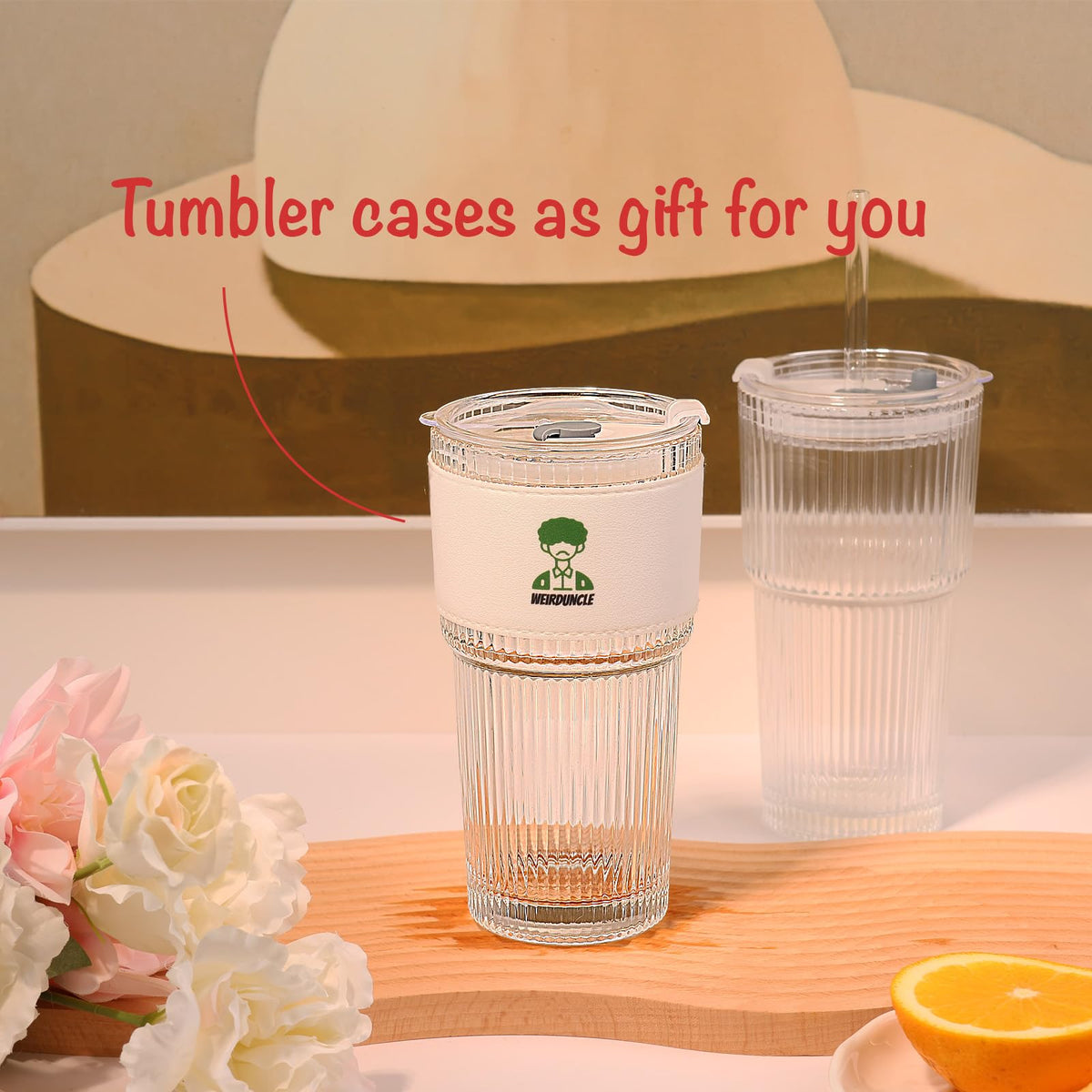 Set of 2 Ribbed Glass Tumbler with Lids and Straws J465
