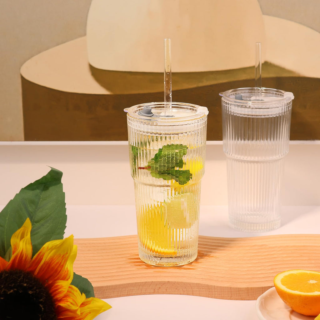 Set of 2 Ribbed Glass Tumbler with Lids and Straws J465