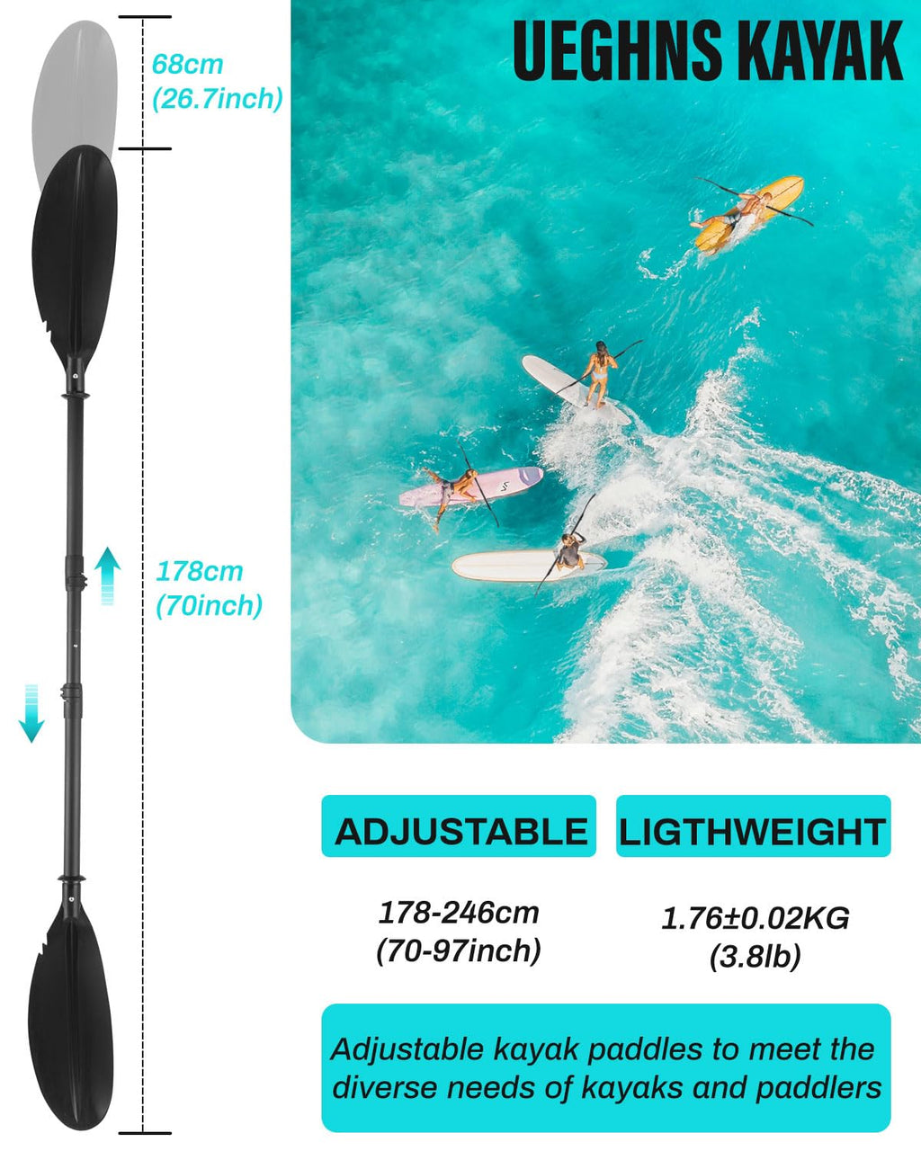 Kayak Paddles with Paddle Leash, 70in-97in Lightweight Paddling Blades C8102