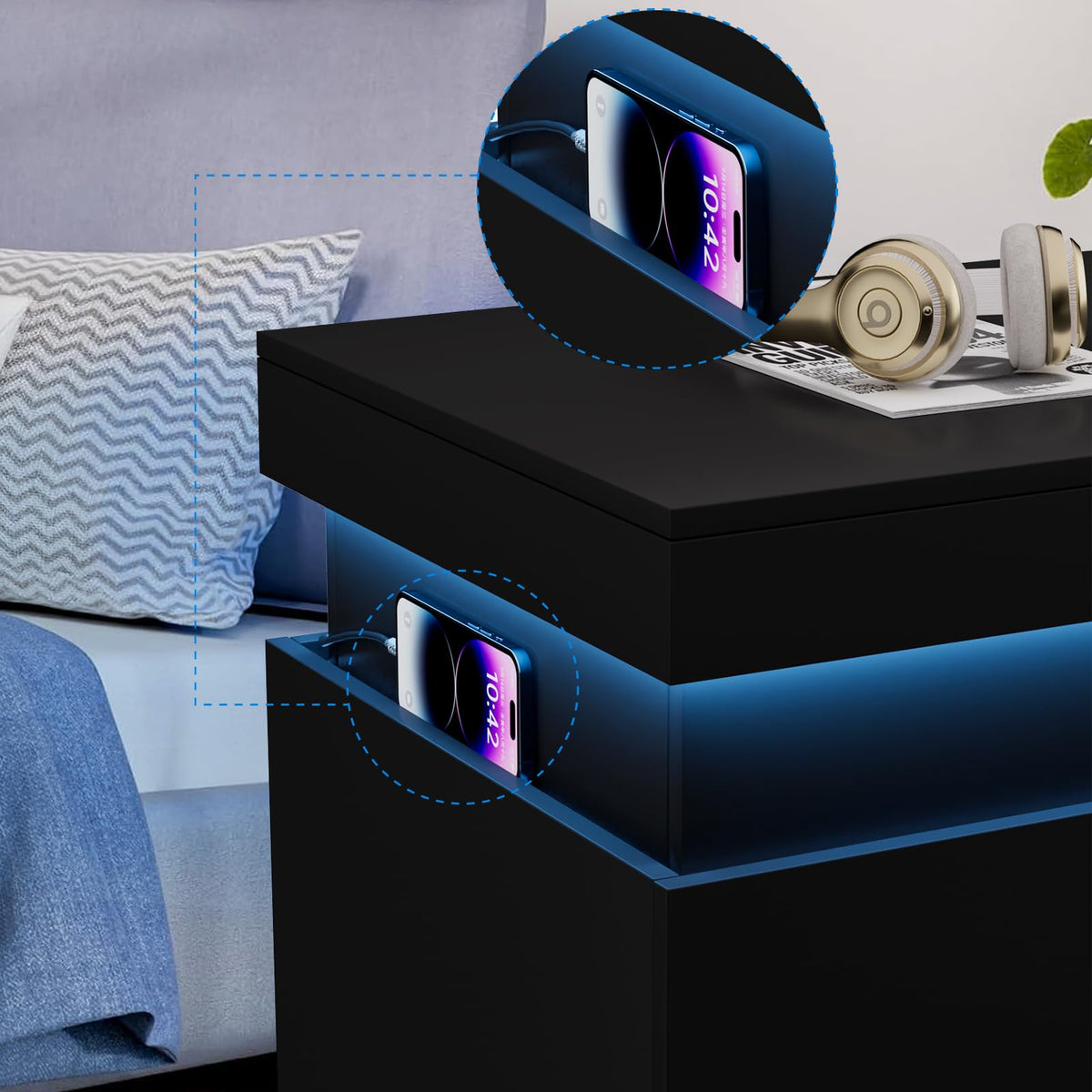 Black Nightstand with Charging Station and LED Lights I6667