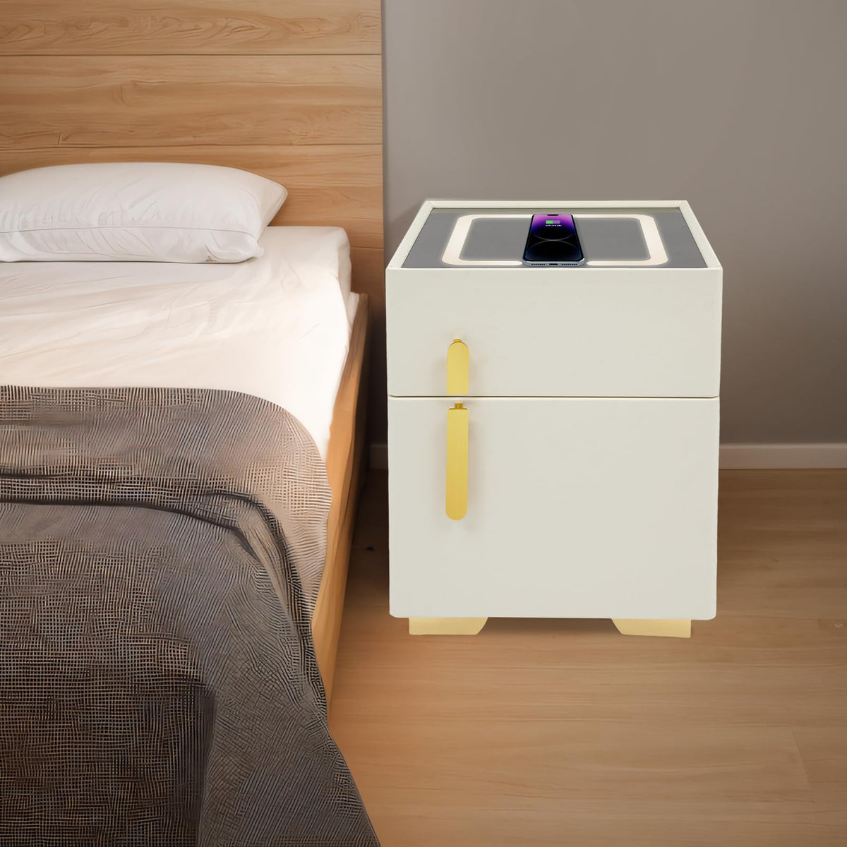 Smart Nightstand with Drawer and Safe, Wireless Charging, LED, USB L83628
