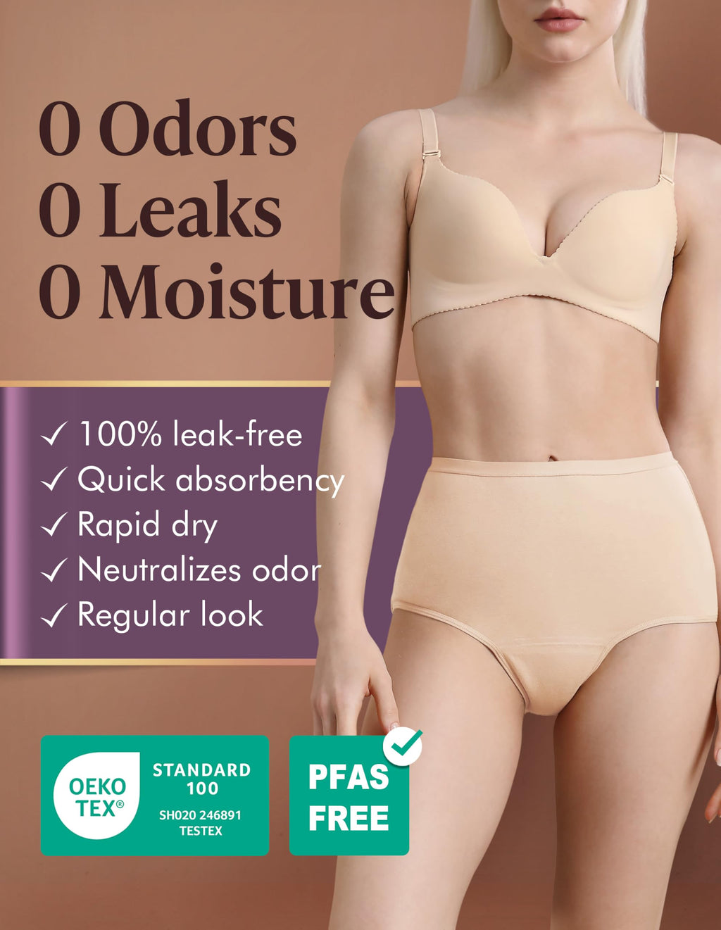 Washable Absorbency Urinary Incontinence Underwear for Women High Waist Leak Proof Panties 60ML, 3 Pack Beige White W43054