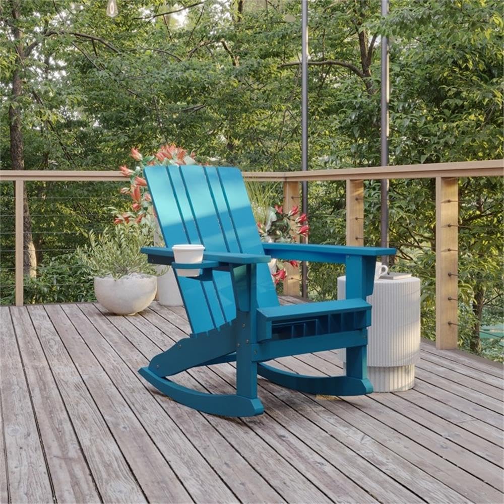 Blue Plastic Adirondack Rocking Chair with Cupholder L5214