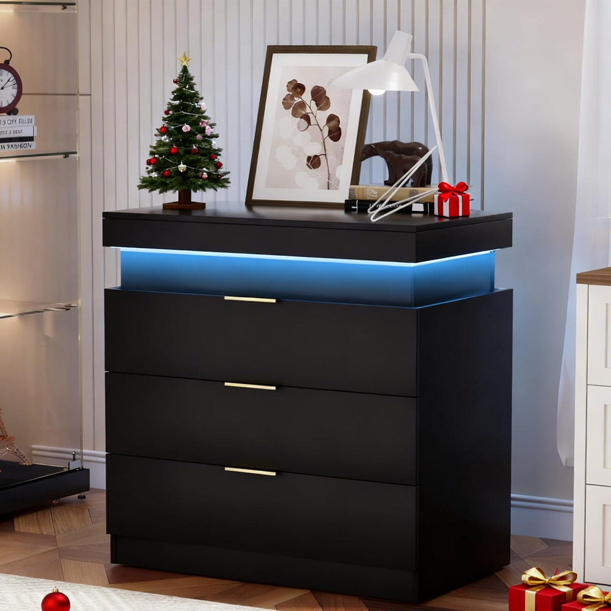Black Nightstand with Charging Station and LED Lights I6667