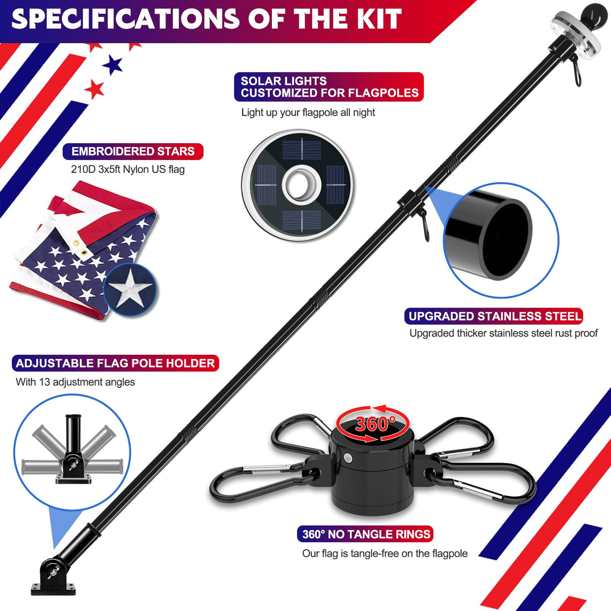 2 Pack 6FT Black Stainless Steel Flag Pole Kit with Solar Light Z466285