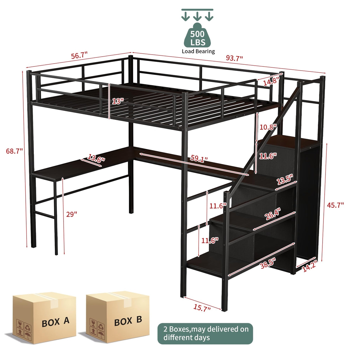 Full Size Metal Loft Bed with Desk & Storage Staircase E27552