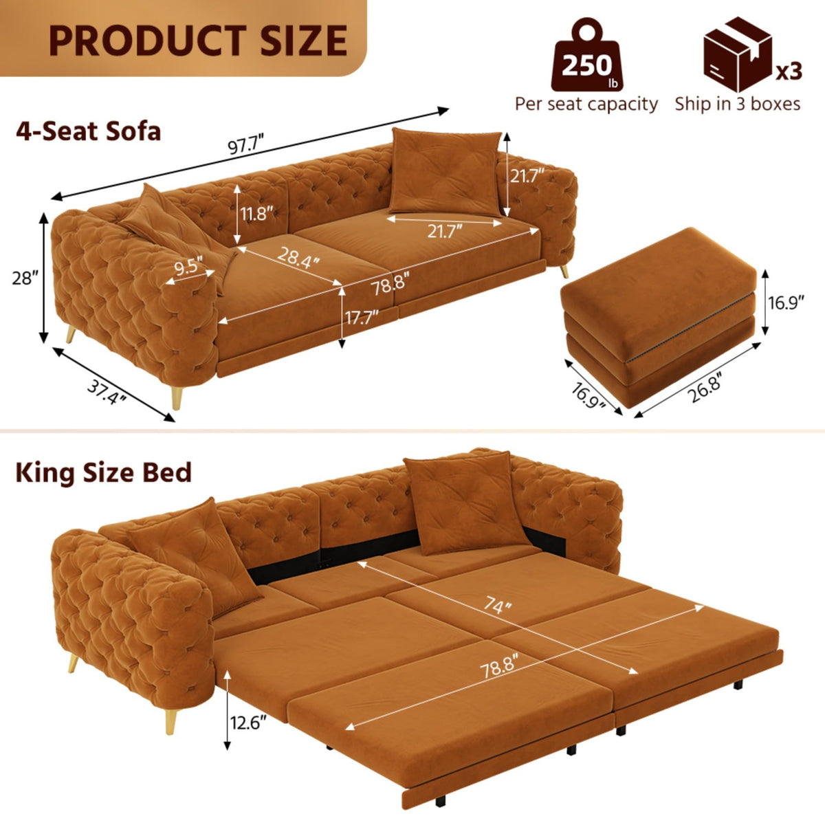 Velvet Convertible Sleeper Sofa with Ottoman L51529