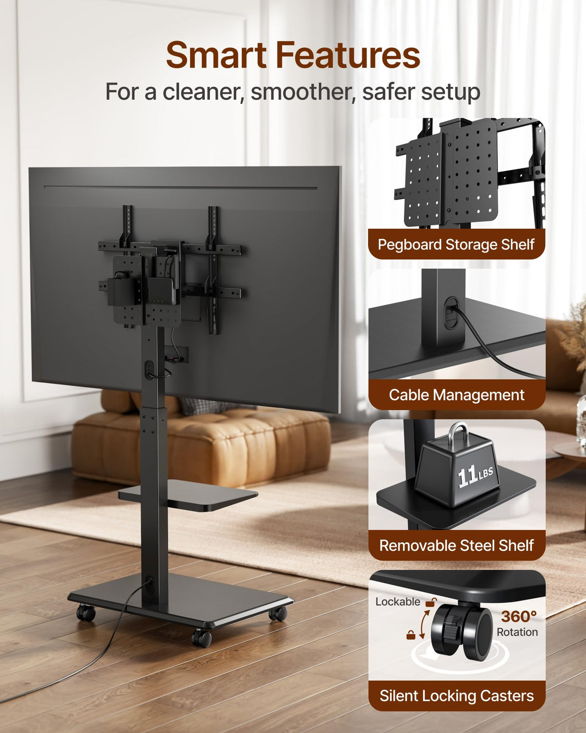 Black Rolling TV Stand for 37-86 Inch TVs W2999
