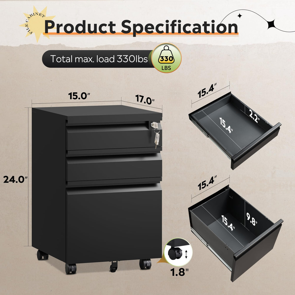 3 Drawer Mobile File Cabinet with Lock Y965
