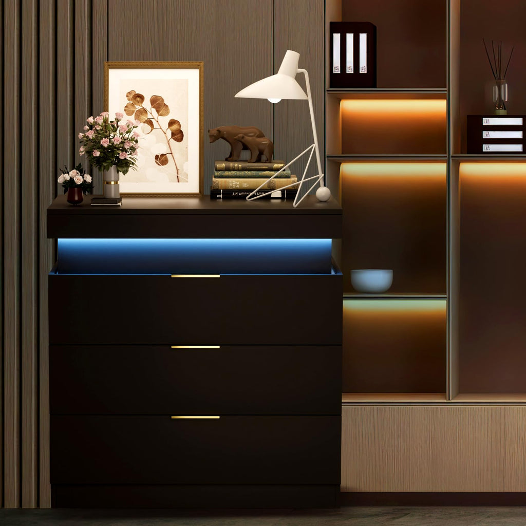 Black Nightstand with Charging Station and LED Lights I6667