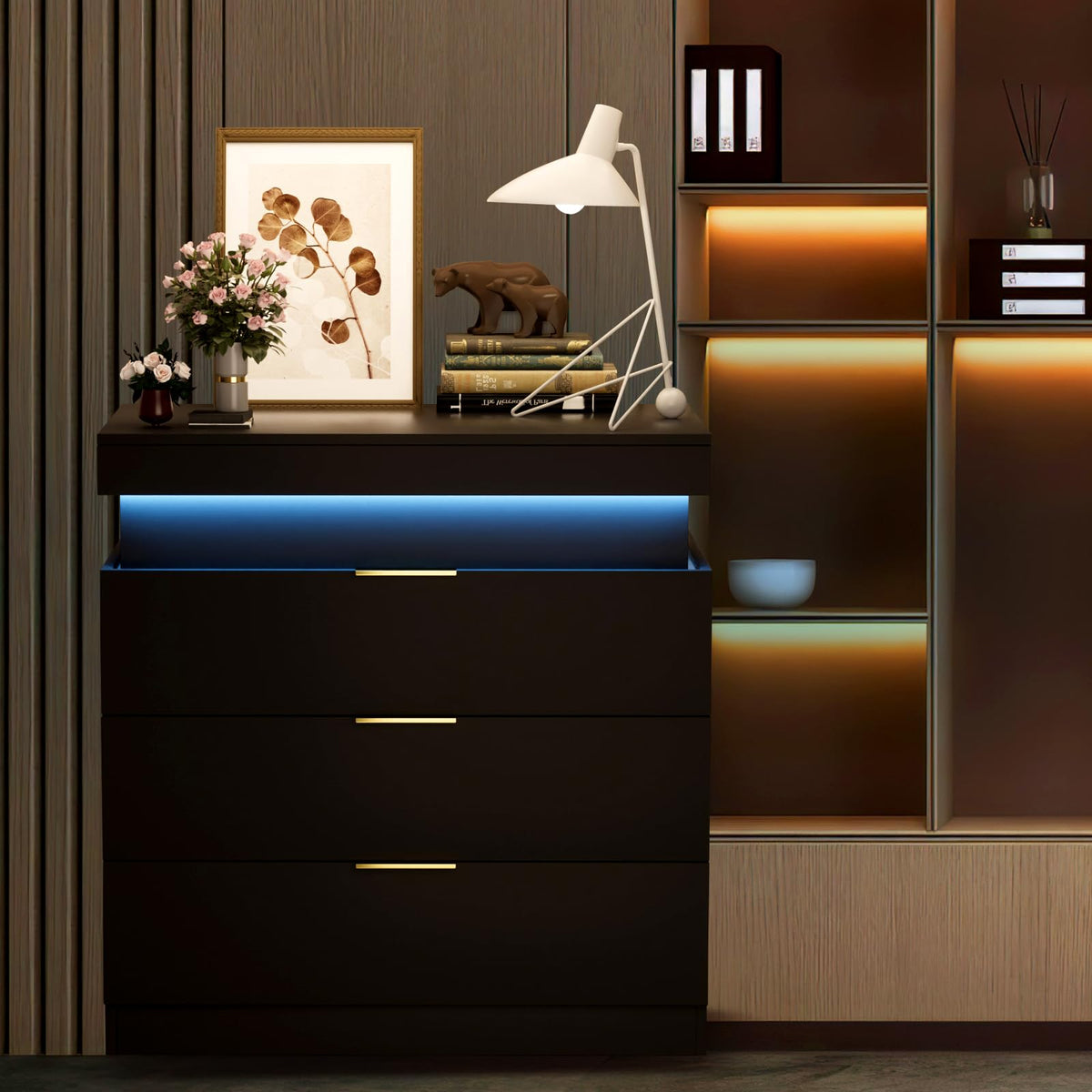 Black Nightstand with Charging Station and LED Lights I6667