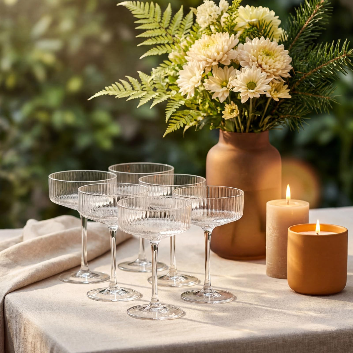 Set of 6 8 oz Clear Ribbed Coupe Glasses I37998