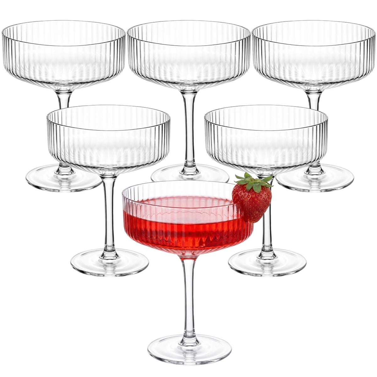Set of 6 8 oz Clear Ribbed Coupe Glasses I37998
