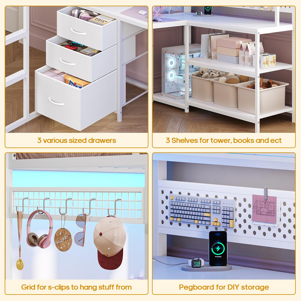 White Twin Gaming Loft Bed with Desk A935638