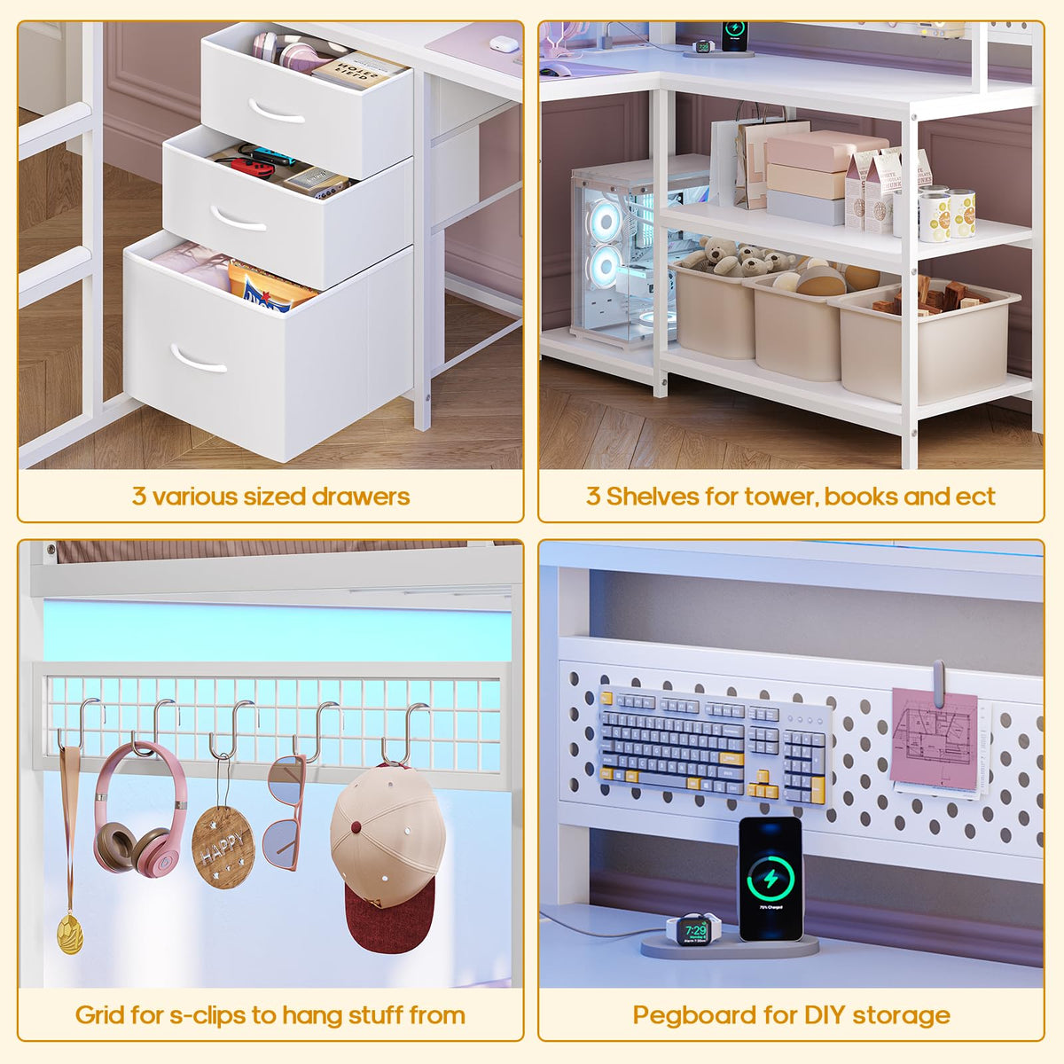 White Twin Gaming Loft Bed with Desk A935638