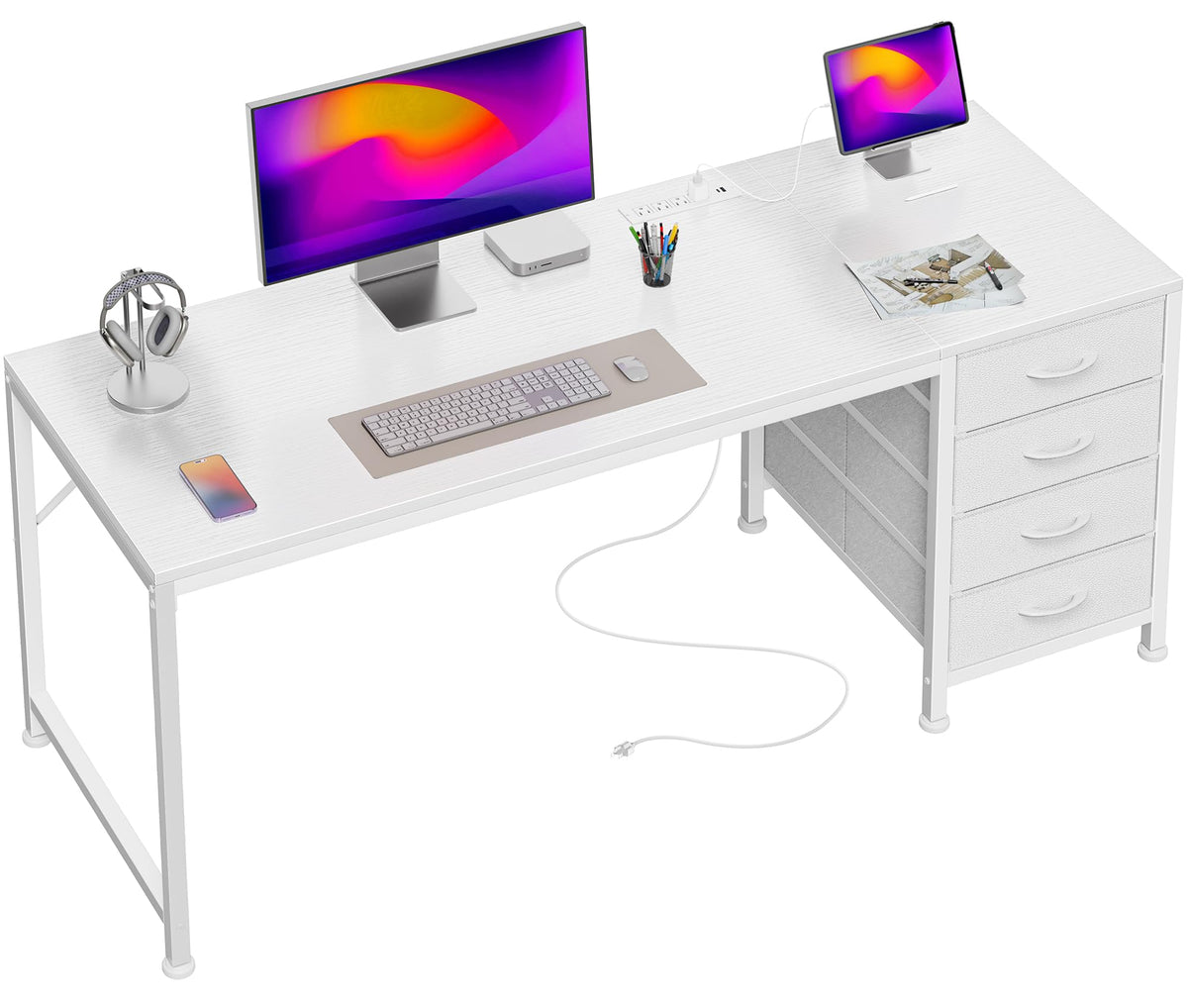 55.1 Inch White Desk with Power Outlets and USB-C Port Q335084
