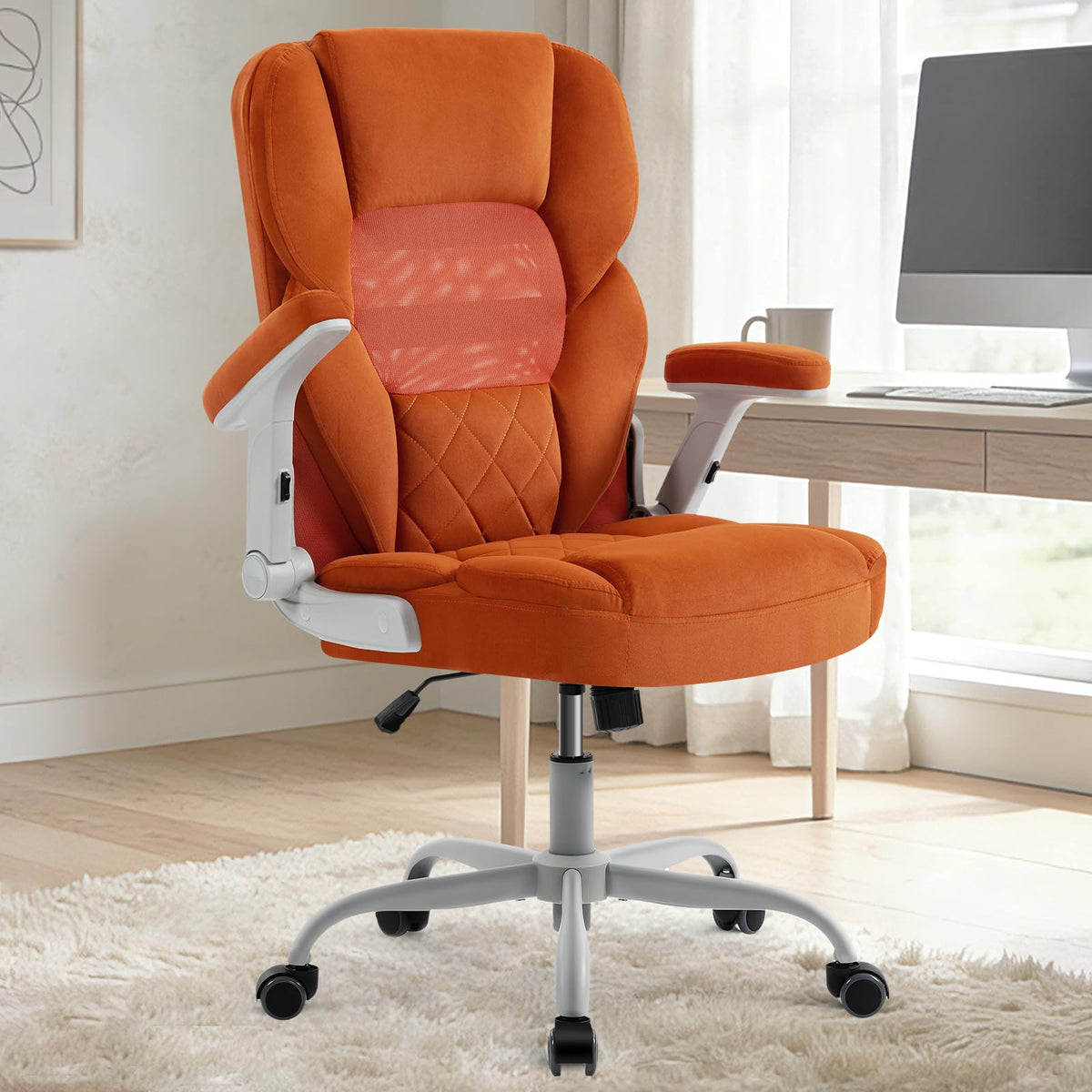Orange Mesh and Velvet Office Chair with Arms and Wheels Q663