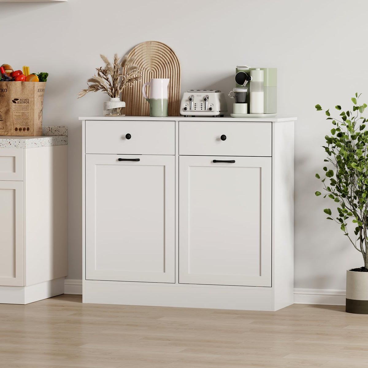 White 20 Gallons Wooden Tilt Out Trash Can Cabinet with 2 Drawers G876