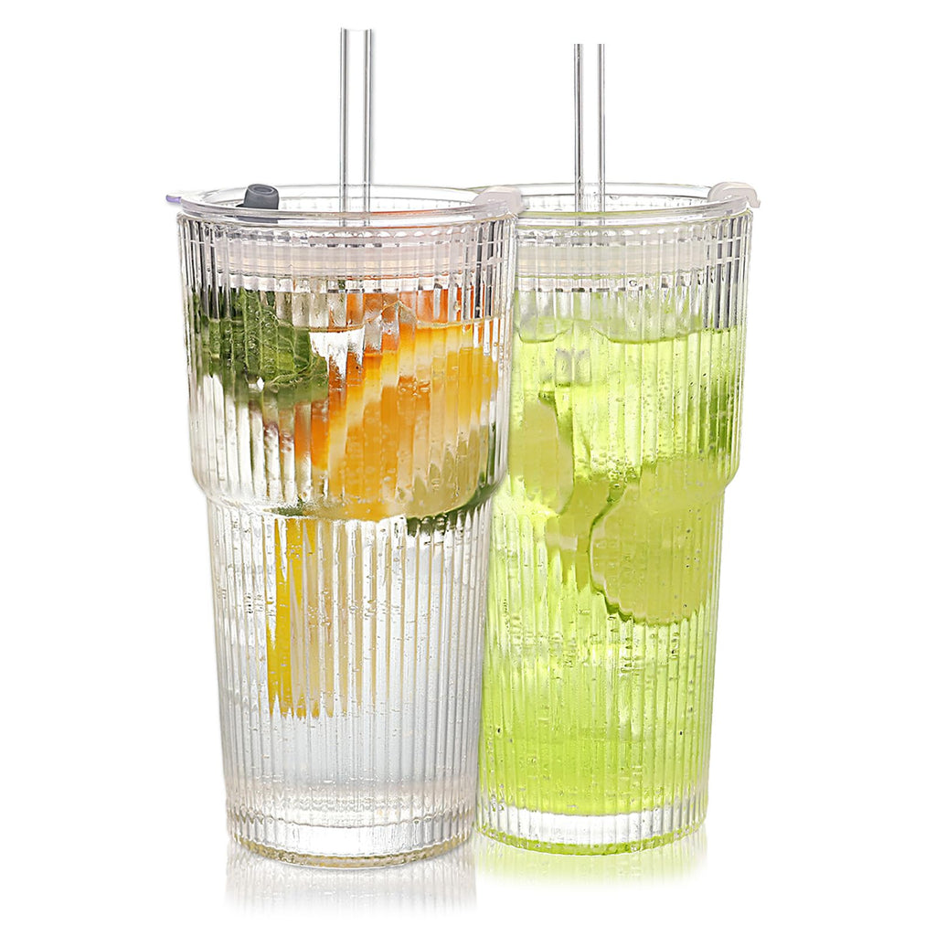 Set of 2 Ribbed Glass Tumbler with Lids and Straws J465