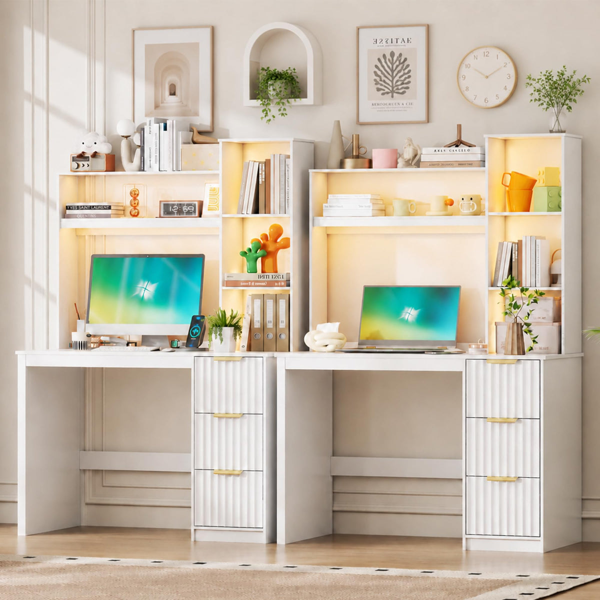 40” White Home Office Desk with Hutch and Drawers N276637