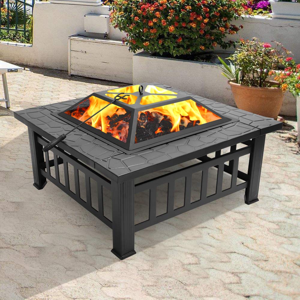 32in Outdoor Metal Wood Burning Fire Pit with Spark Screen A362